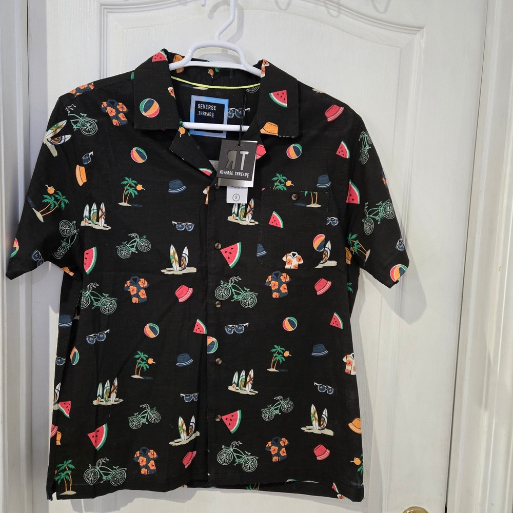 Reverse‎ Threads Shirt Mens XL Black NWT Beach Surf Summer festive Button Up